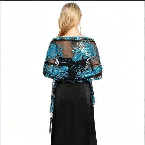BandS - Black with Lake Blue Polyester Sequins Wrap