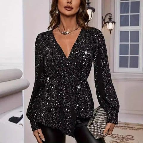 BandS - Elegant Glowing Black Casual Long Sleeve V-Neck Asymmetric Hemline Top