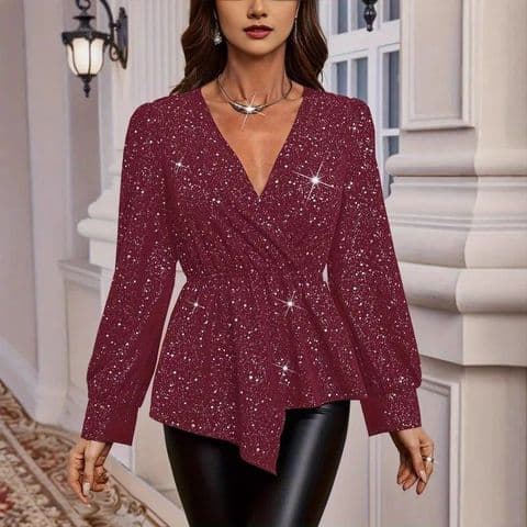 BandS - Elegant Glowing Burgundy Casual Long Sleeve V-Neck Asymmetric Hemline Top