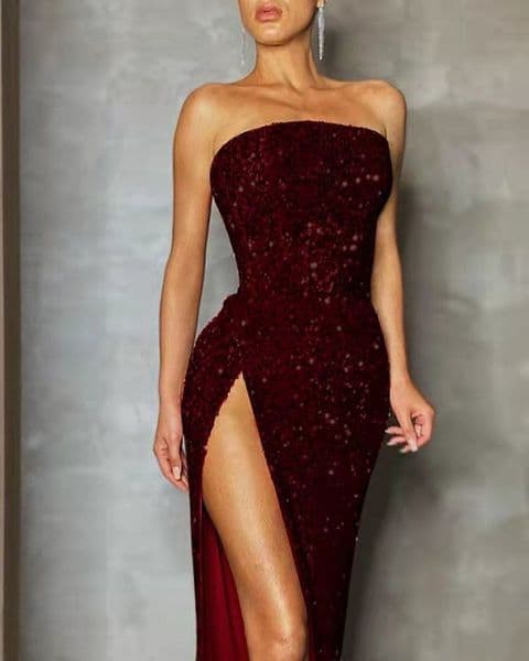 BandS - Elegant Sequin Backless Strapless Purplish Red Dress (1)