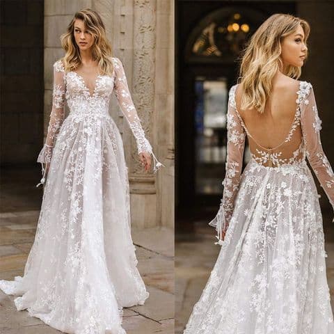 BandS - Elegant White V Neck Long Sleeve Party Dress