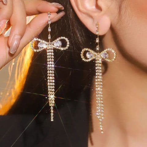 BandS - Gold Glam Shiny Bow Knot Rhinestones Drop Earrings £14.99