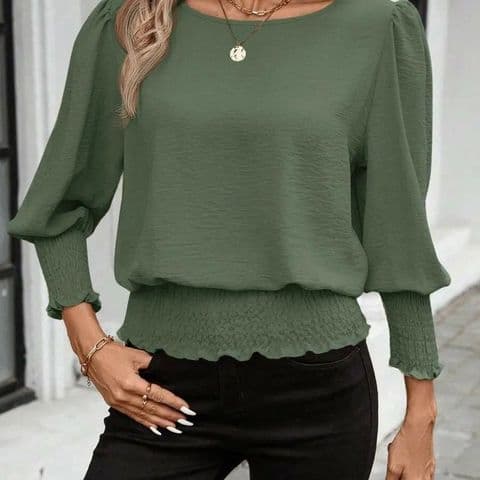 BandS - Loose Round Neck Long Sleeve Top Mid Green