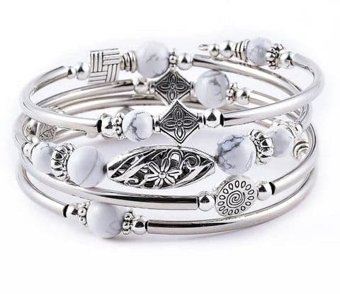 Bands -  Natural White Turquoise Retro Flower Natural Stone Handmade Bangle £14.99