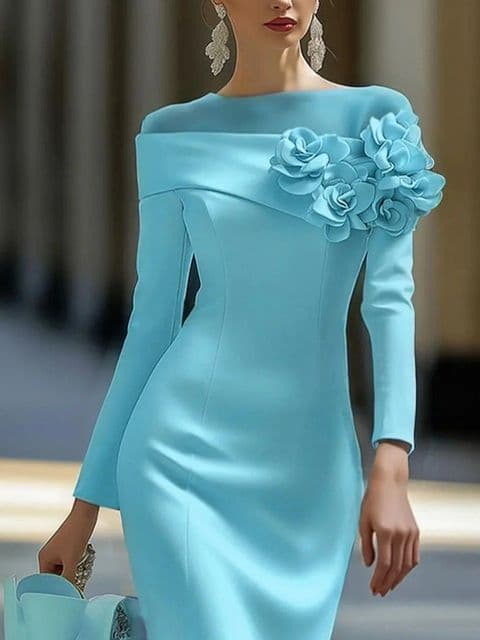 BandS - New Summer Elegant Blue Round Neck Dress with 3D Side Flower Decoration