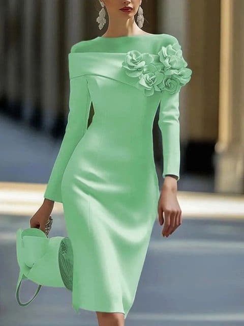 BandS - New Summer Elegant Green Round Neck Dress with 3D Side Flower Decoration