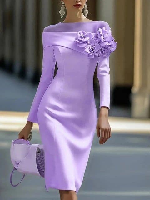 BandS - New Summer Elegant Lilac Round Neck Dress with 3D Side Flower Decoration