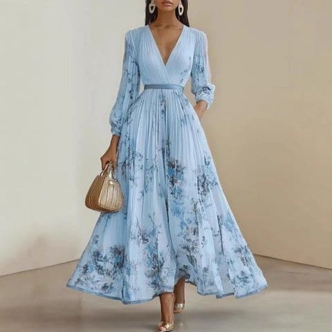 BandS - New Summer Elegant Long Sleeve V-Neck Digital Print Pleated Blue Dress