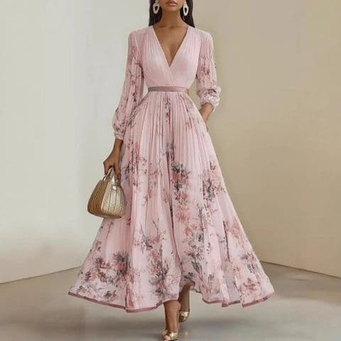 BandS - New Summer Elegant Long Sleeve V-Neck Digital Print Pleated Pink Dress