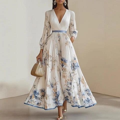 BandS - New Summer Elegant Long Sleeve V-Neck Digital Print Pleated White Dress