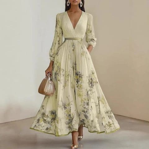 BandS - New Summer Elegant Long Sleeve V-Neck Digital Print Pleated Yellow Dress