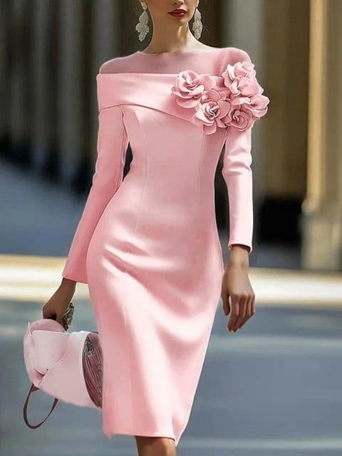 BandS - New Summer Elegant Pink Round Neck Dress with 3D Side Flower Decoration