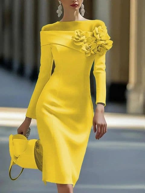 BandS - New Summer Elegant Yellow Round Neck Dress with 3D Side Flower Decoration