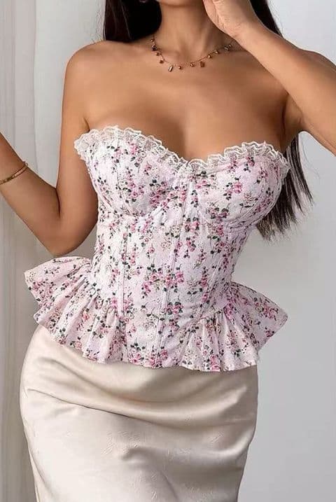 BandS - Pink Floral Peplum Corset Top-