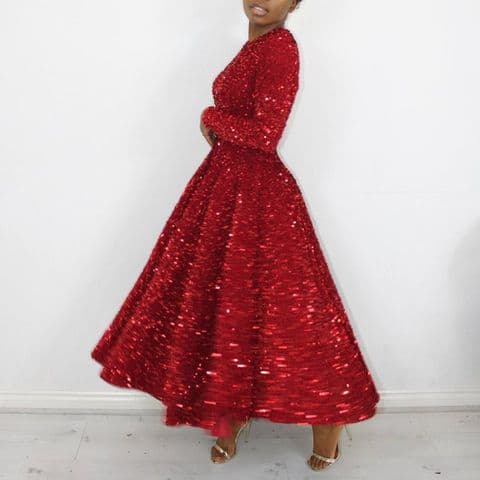 BandS - Red Sequin Round Neck -  Full Swing Dress