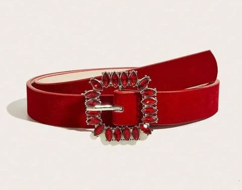 BandS - Red Velvet PU Belt With Square Rhinestone Buckle Belt £14.99