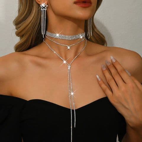 BandS - Rhinestone clavicle Chain Necklace and Star Earrings  set £29.95