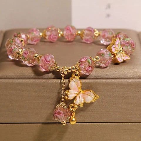 BandS - Rose Garden Pink Purple Glaze + Butterfly Bracelet £14.99