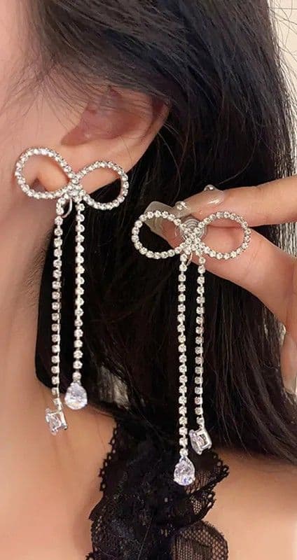 BandS - Silver Glam Shiny Bow Knot Rhinestones Drop "CLIP ON" Earrings £14.99