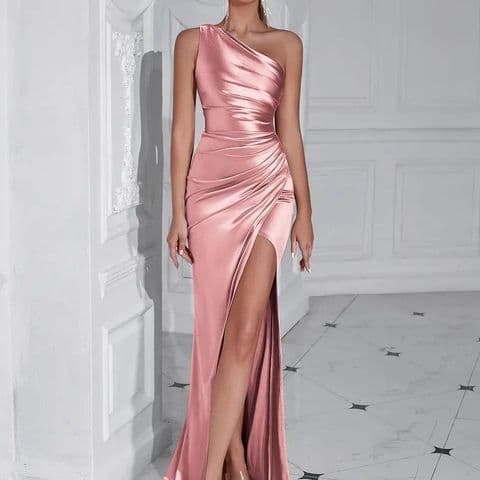 BandS - Single Shoulder Pleated Split Dress Bright Poder