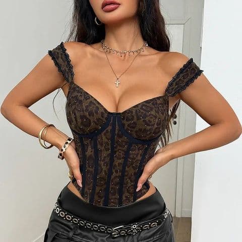 BandS - Slim Fit Leopard Print Corset Top with Sequins