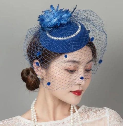 BandS - Small hat with Pearls & a Net Cover Royal Blue