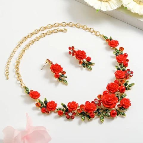 BandS - Sweet Red Flower Necklace & Earrings Set £29.95