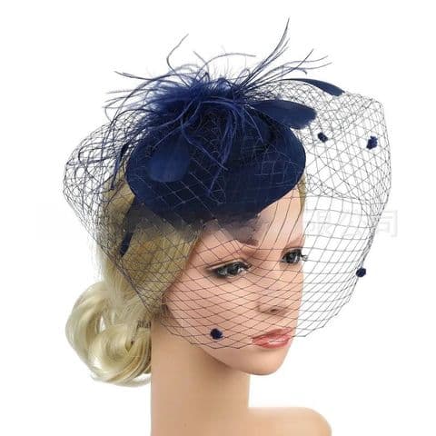 BandS - Vintage 40's Small Hat With Feathers and A Net Cover Navy Blue