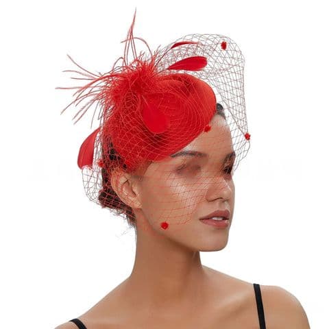 BandS - Vintage 40's Small Hat With Feathers and A Net Cover Red
