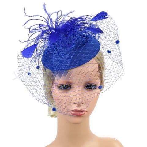 BandS - Vintage 40's Small Hat With Feathers and A Net Cover Royal Blue