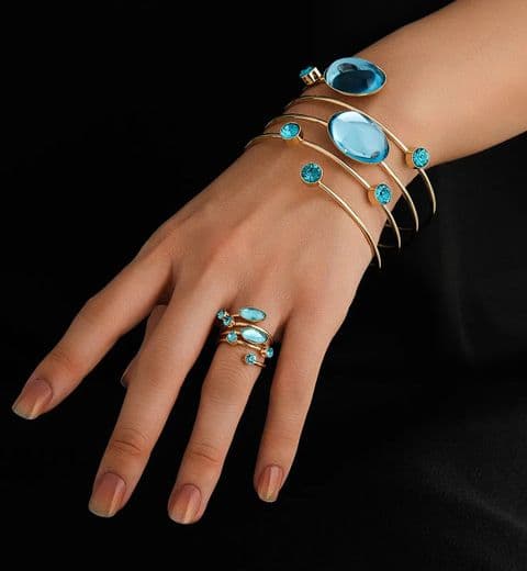 French Gemstone Round Line Wrapped Geometric Bracelet & Ring Set £29.95