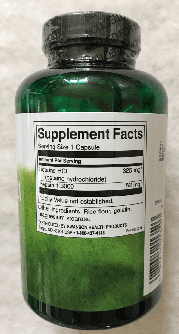 Hydrochloric Acid with pepsin 250 capsules SWANSON