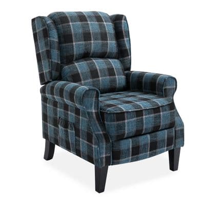 Blue Checked Fabric Recliner Armchair, with wood feet