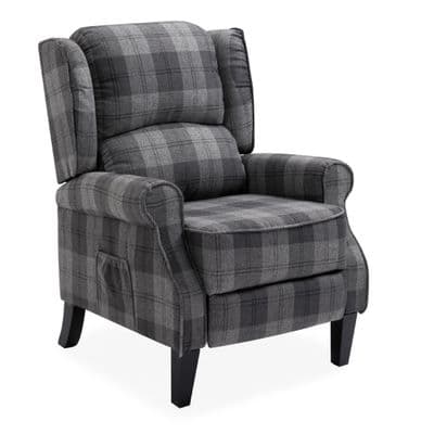Grey Checked Fabric Recliner Armchair, with wood feet