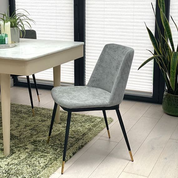 x2 Grey Messi Dining Chair- with Black Legs and detailed Gold Feet