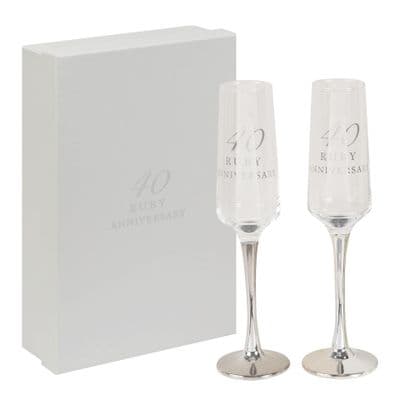 Amore Set of 2 Ruby 40th Wedding Anniversary Straight Champagne Flutes with silver stems