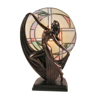 Art Deco Dancer Bronze Lady Figure Lamp Stained Glass Window Tiffany Style