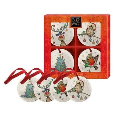 Bug Art Kooks Ceramic Christmas Tree Decorations Set of 4 Robin R eindeer Owl Cat