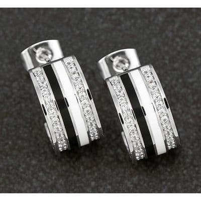 Equilibrium Hand Painted Monochrome White Gold Plate Hoop Stud Earrings Diamante