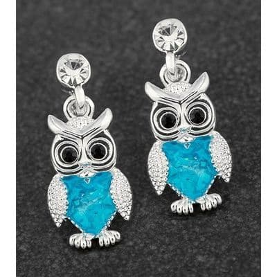 Equilibrium Sea Breeze Owl Silver Plated and Diamante Earrings