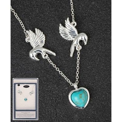 Equilibrium Silver Plated BIRDS AND HEART Turquoise Pendant