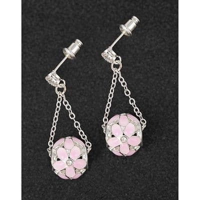 Equilibrium Silver Plated Pink Flower Ball Dangly Earrings