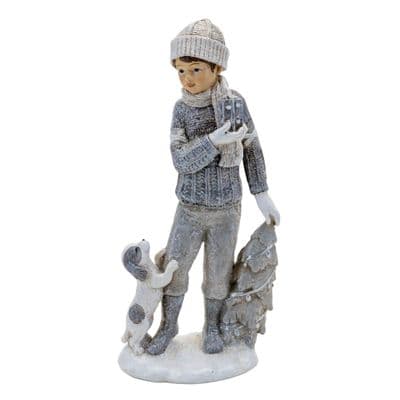 Hestia Boy in Snowy Scene Playing with Dog Figurine
