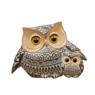 Hestia Carved Wood Effect Owl & Owlet Statue Ornament Figure 11cm