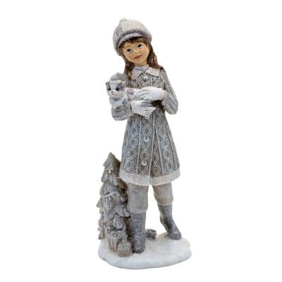 Hestia Girl in Snowy Scene Holding Cat Figurine