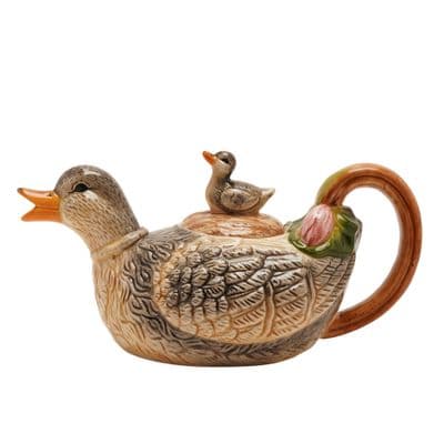 Hestia Glazed Mallard Duck and Duckling Tea Pot 3D Ceramic Duck Figurine