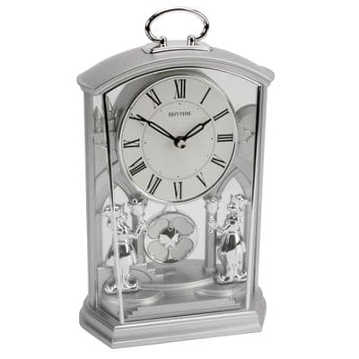 Rhythm Ornate Silver Silent Pendulum Mantel Carriage Clock Roman Numerals Quartz