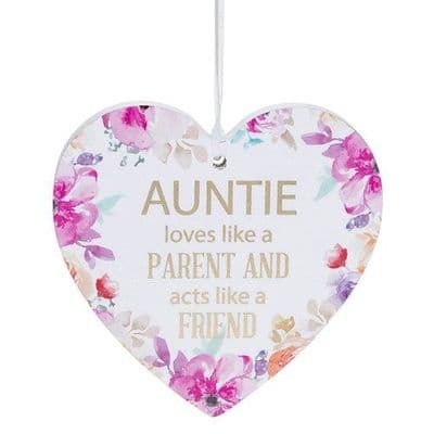 Shudehill Giftware Auntie White Hanging Heart Sentiment Floral Plaque - Messages