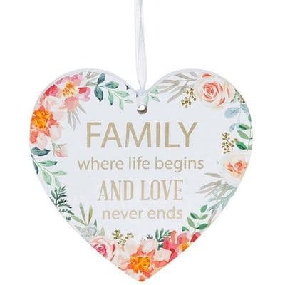 Shudehill Giftware Family White Hanging Heart Sentiment Floral Plaque - Messages