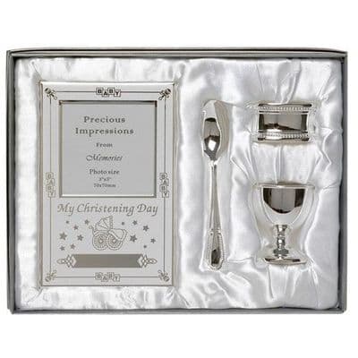 Shudehill Giftware Silver Plated Christening Gift Girl Boy Baby Set 4 Piece Spoon Egg cup Frame